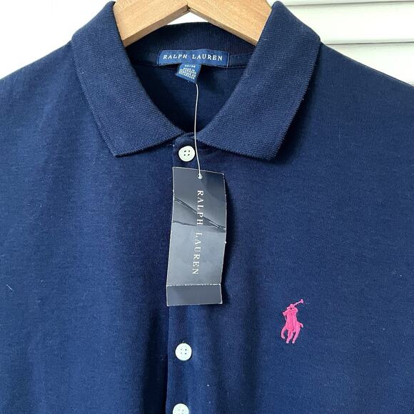 Ralph Lauren Classic Polo Shirt Women’s Medium Navy Pink Pony 100% Cotton NWT - Picture 2 of 7